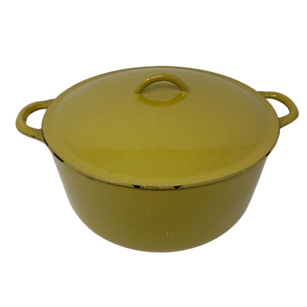Vintage Descoware Belgium Yellow Round Dutch Oven with Lid Casserole Cast Iron